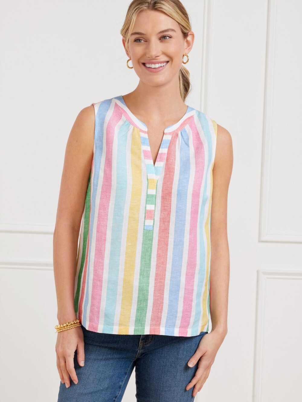 Talbots Women's Multicolor 100% Linen Tank Top Size L Rainbow Prismatic Stripe